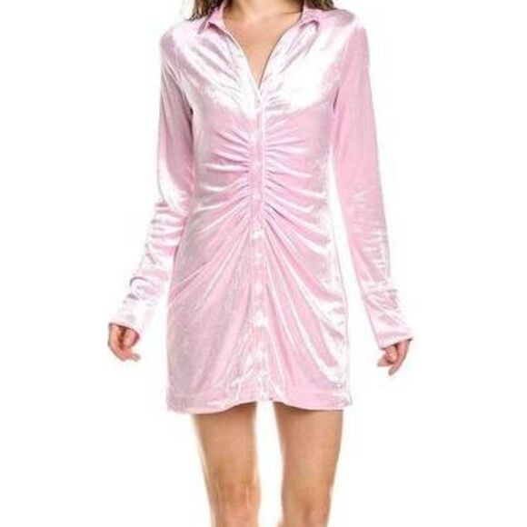 Free People Pink Mini Crushed Velvet Dress Long Sleeve Front Ruched V Neck S - Picture 1 of 12